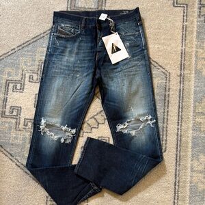 Men's Distressed Blue Denim Jeans - Classic Rinse